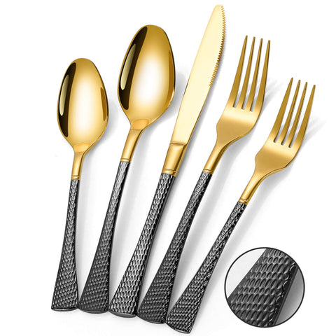 Lemeya cubiertos martillado negro oro 20 piezas para cenas elegantes