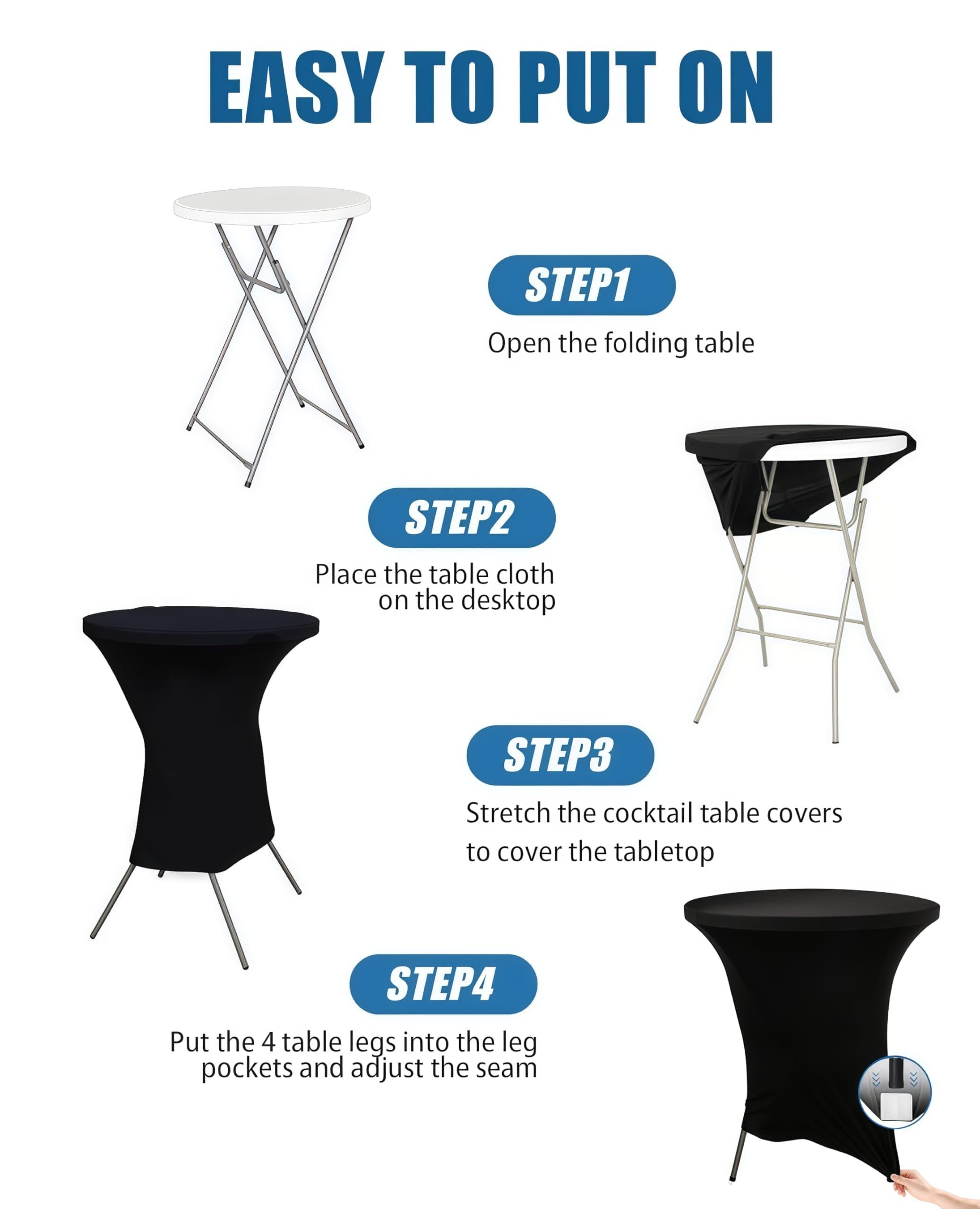 Mantel Lemict negro, bolsillos para patas aseguran ajuste durante eventos.