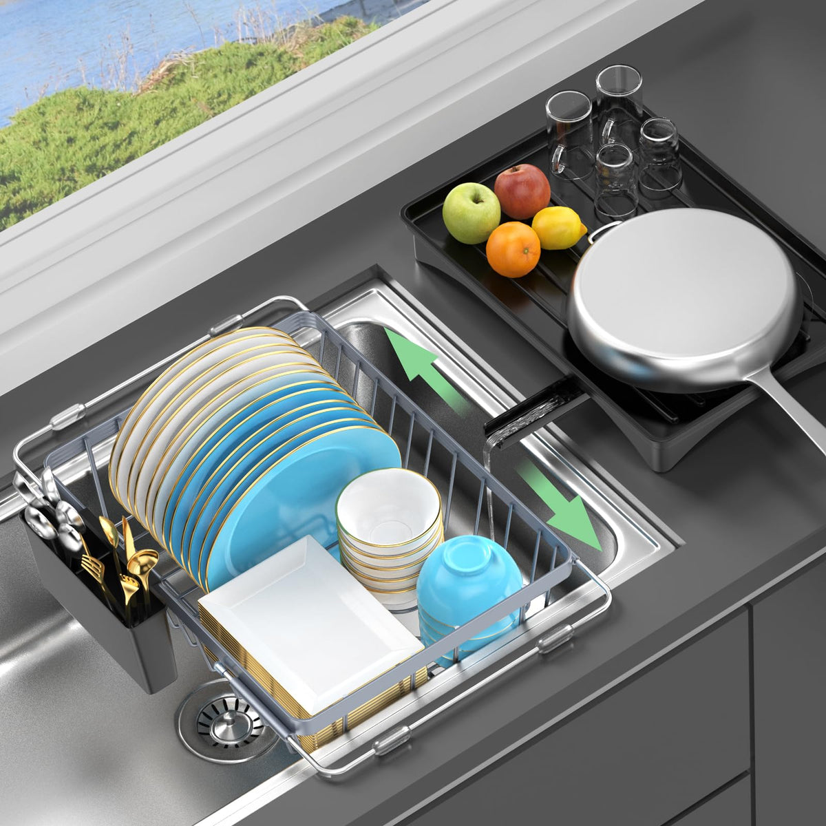 LEMIKKLE escurridor de platos extensible sobre fregadero para aprovechar al máximo el espacio.