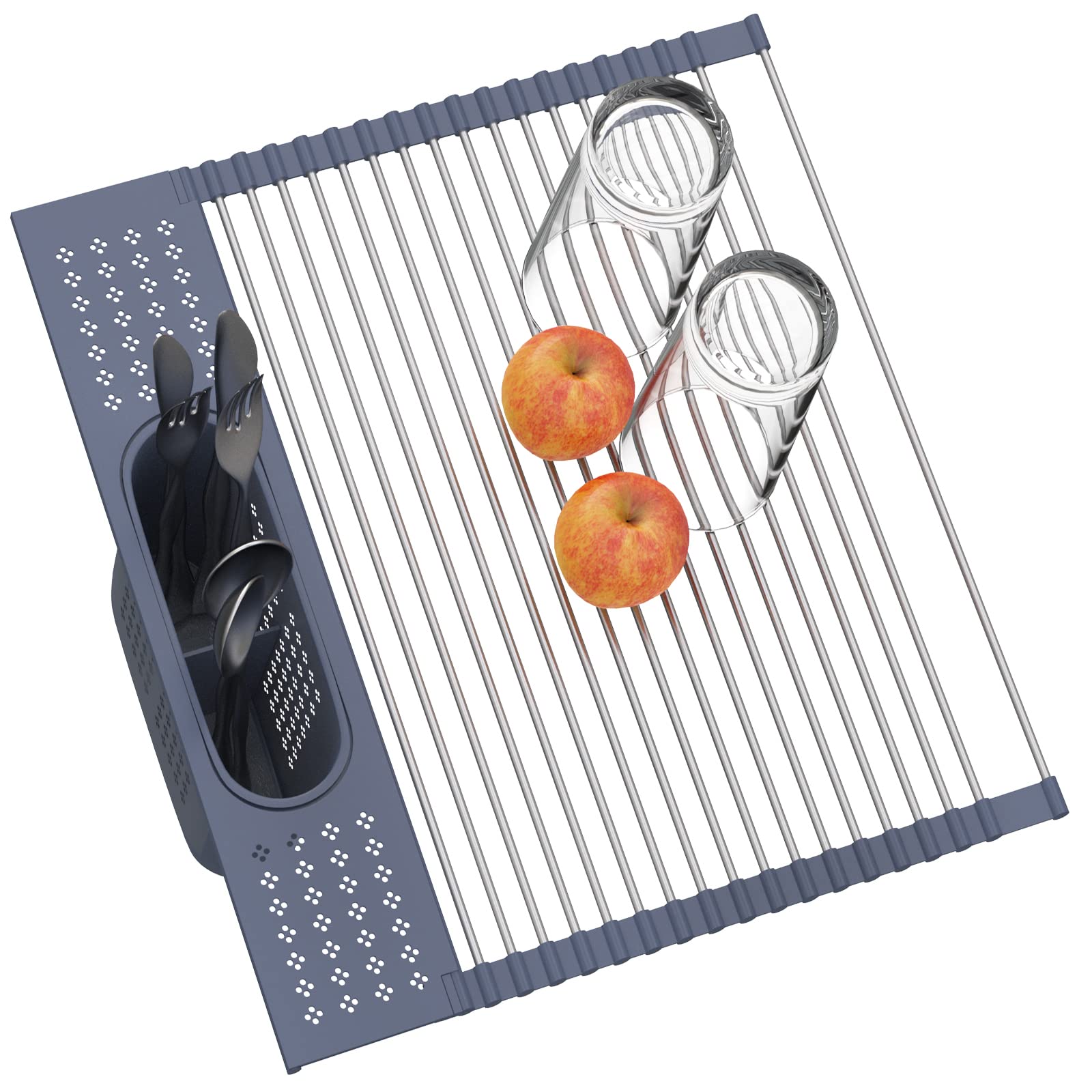Rejilla enrollable LEMIKKLE sobre fregadero para secar platos con organización.