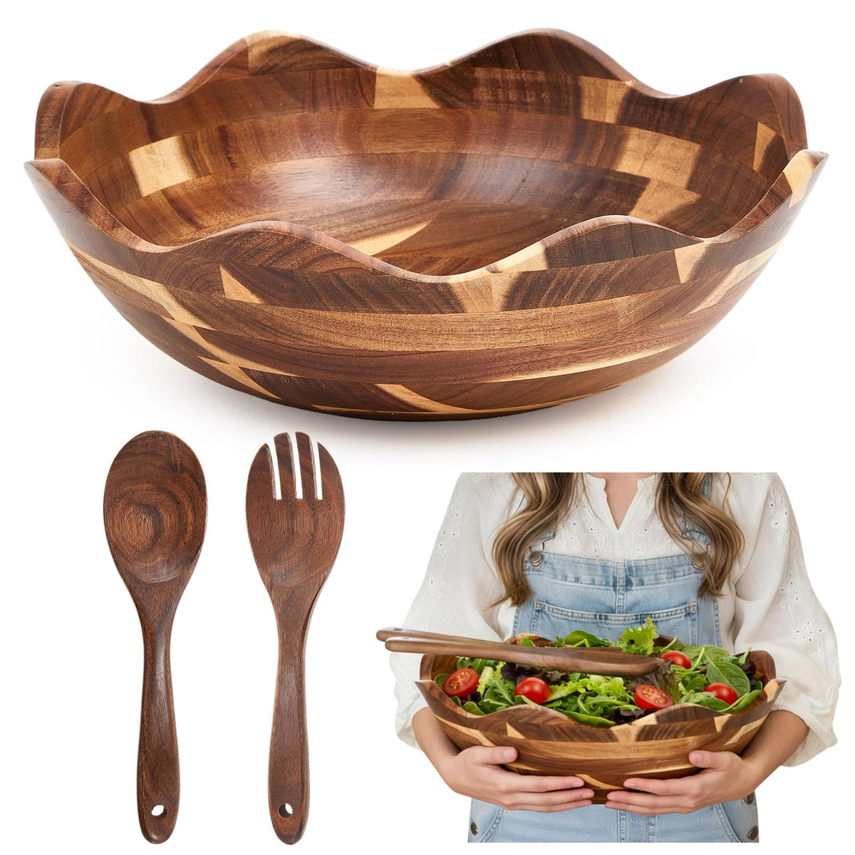 Ensaladera LemonRoad de acacia con borde ondulado, ideal para servir ensaladas.
