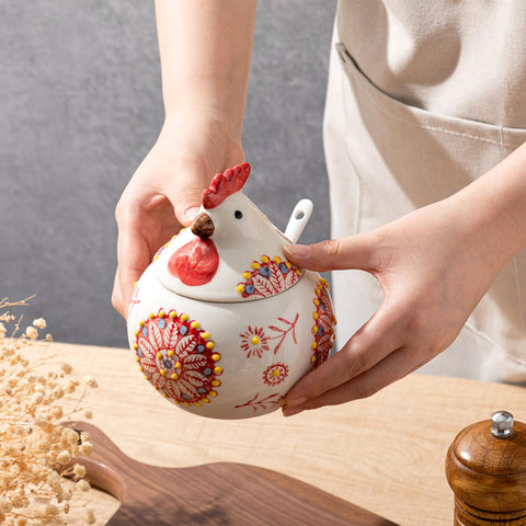 LemonRoad regalo práctico para cocina, salero gallo cerámico con tapa y cuchara.