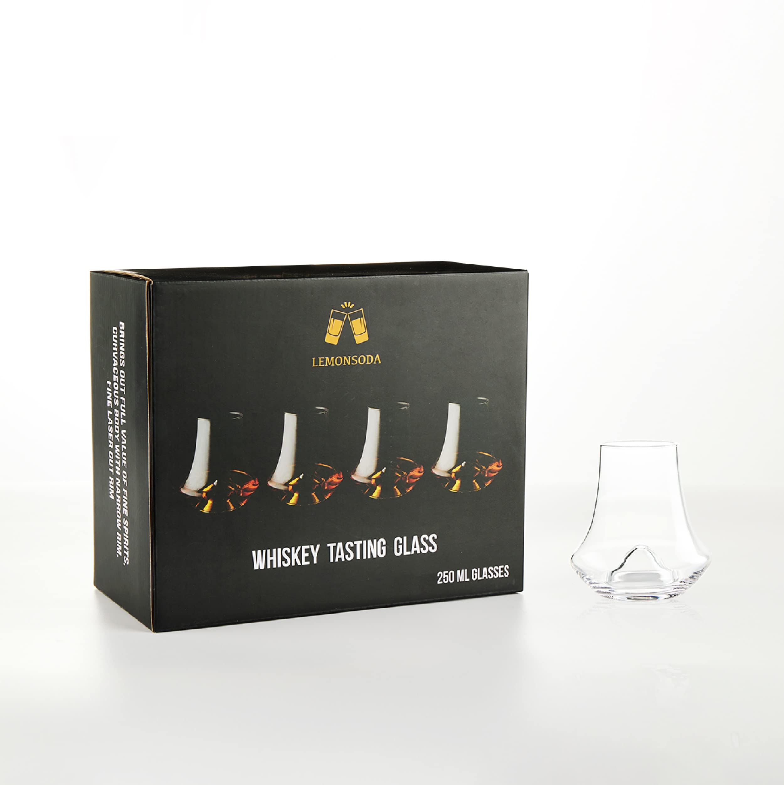 LEMONSODA juego de 4 vasos whisky en mesa, servicio de degustación.