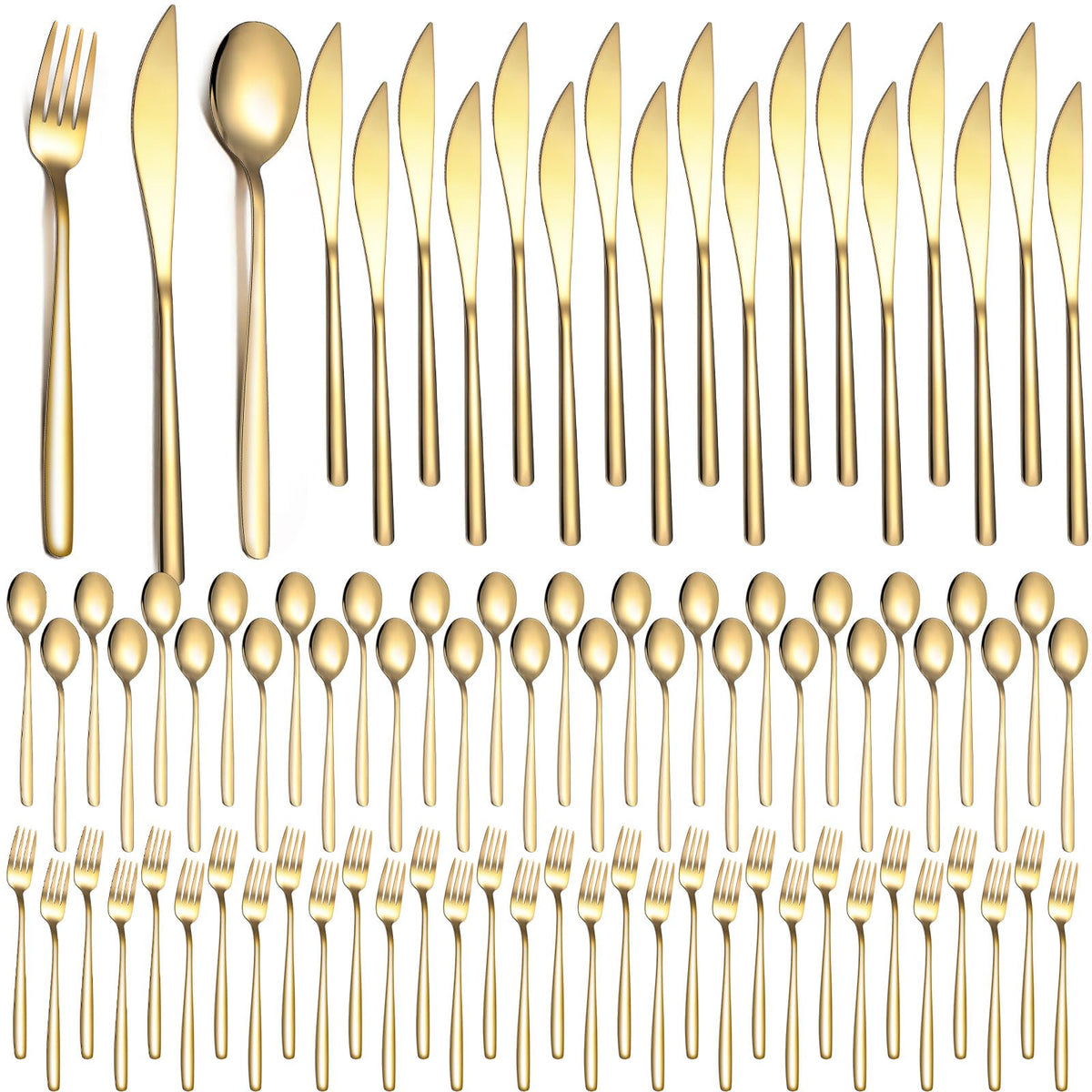 Cubiertos dorados de Lemosae, conjunto completo para 80 comensales, ideal para eventos.