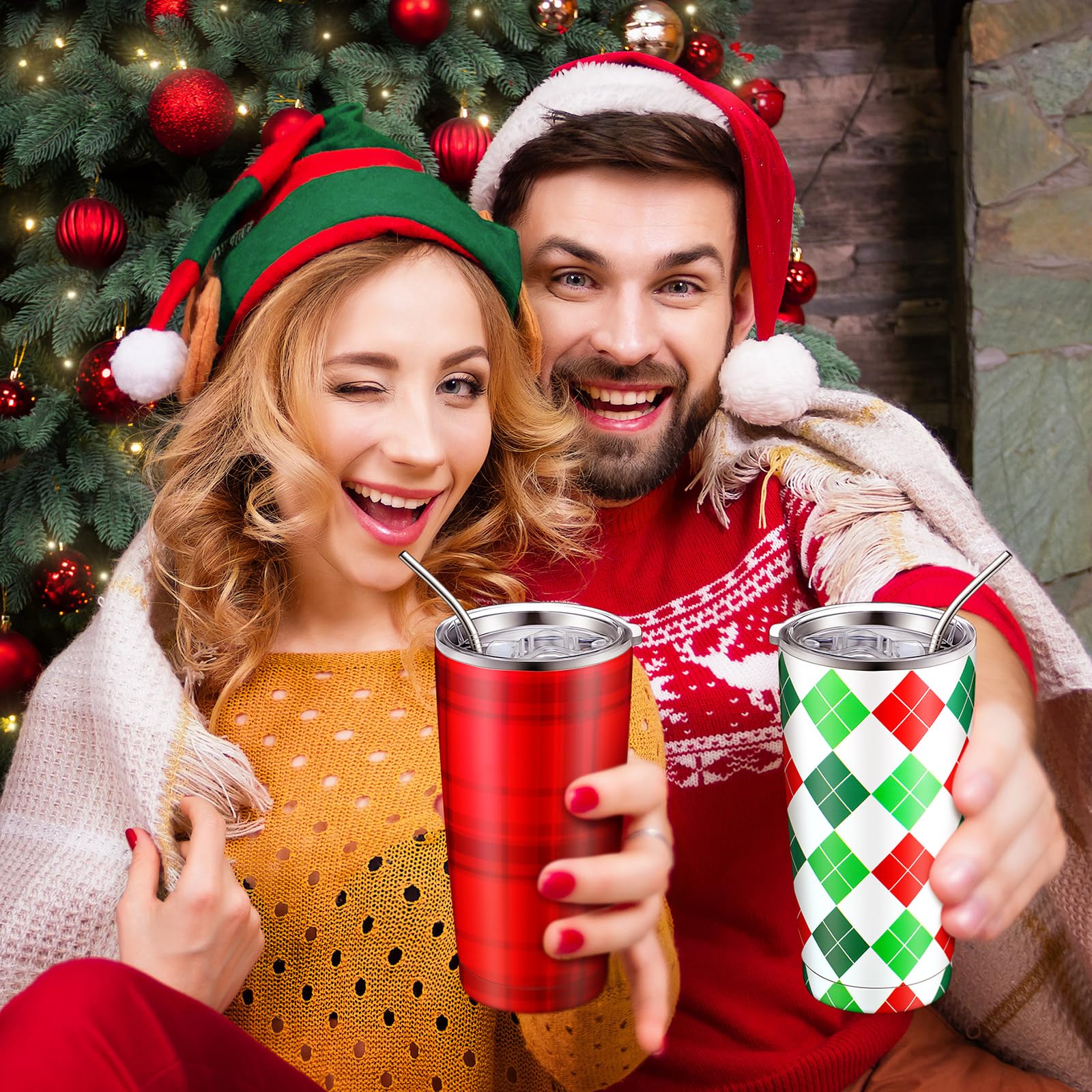 Vasos térmicos Lemosae 20 oz con plaid blanco, perfectos para regalos.