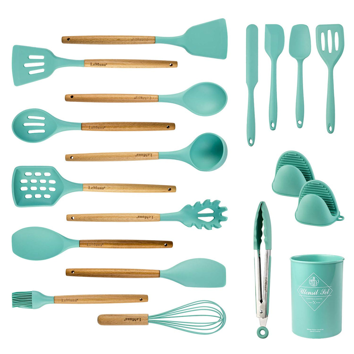 LeMuna conjunto-utensilios de cocina 18 piezas, silicona segura y fácil de limpiar