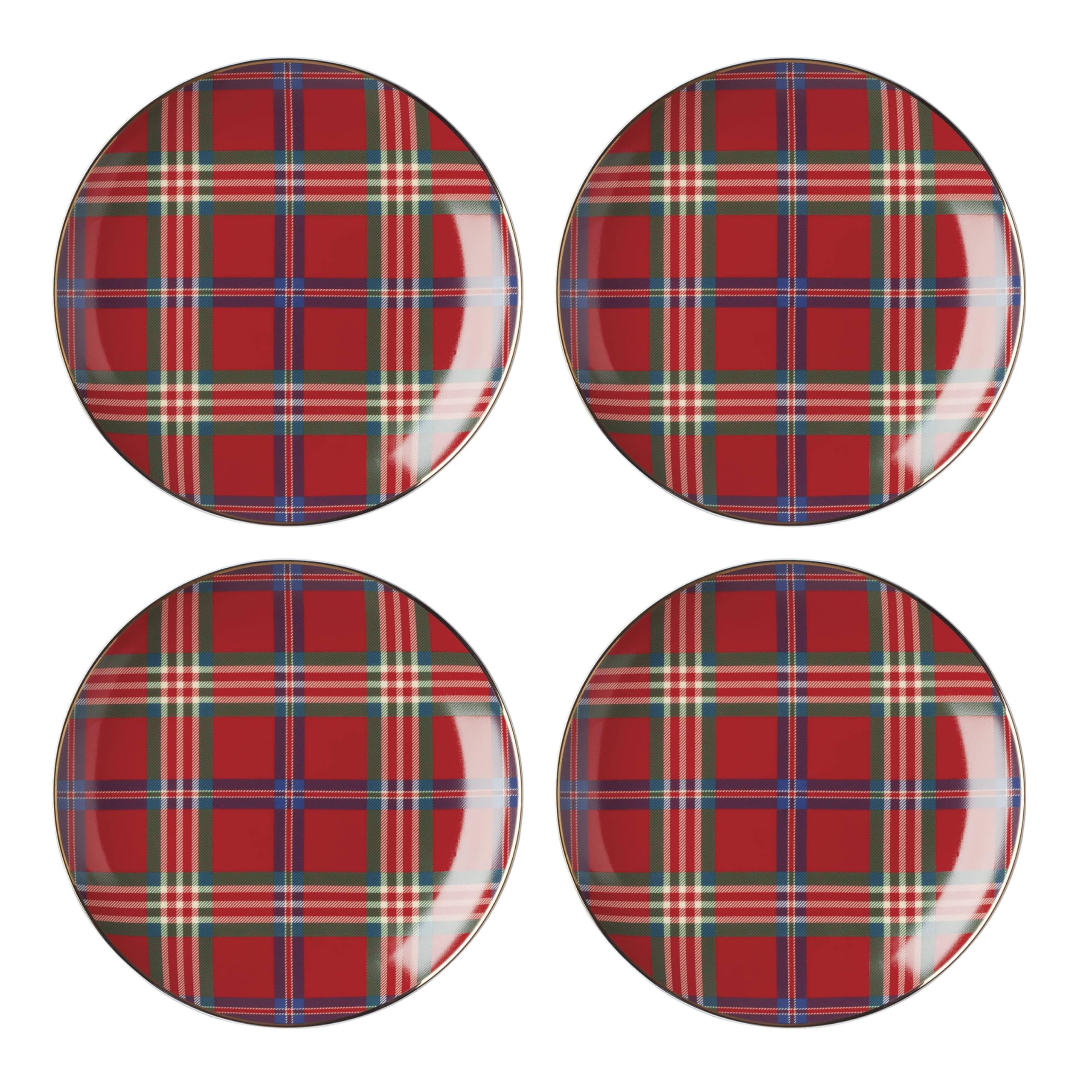 Lenox 896528: plato tartán rojo con borde 24K, ideal para cena navideña.