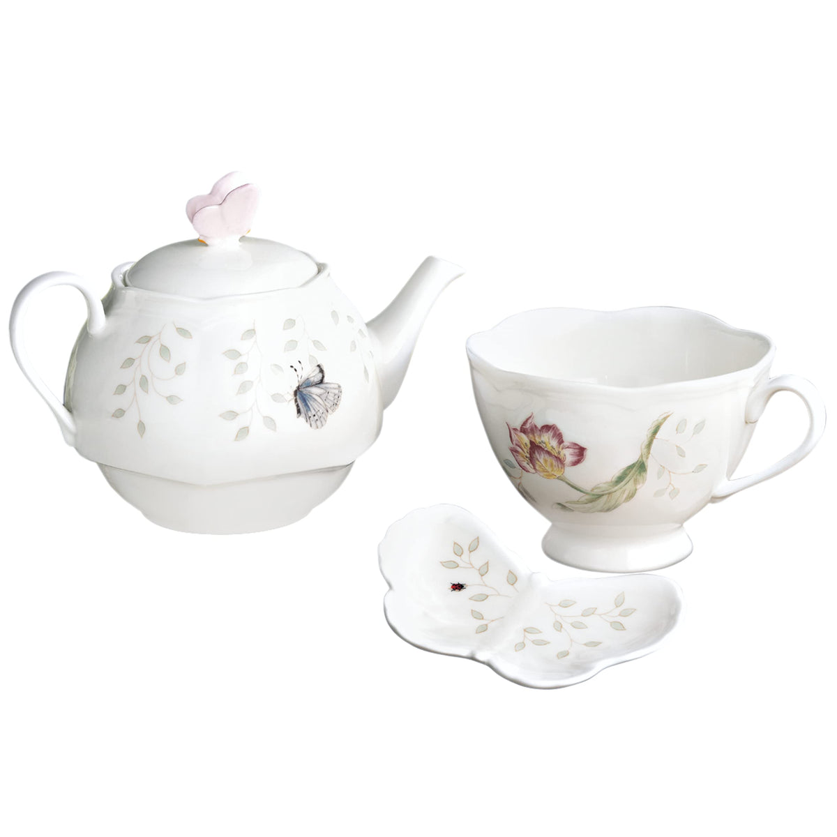 Tetera Lenox Butterfly Meadow con tapa, lista para un té elegante.
