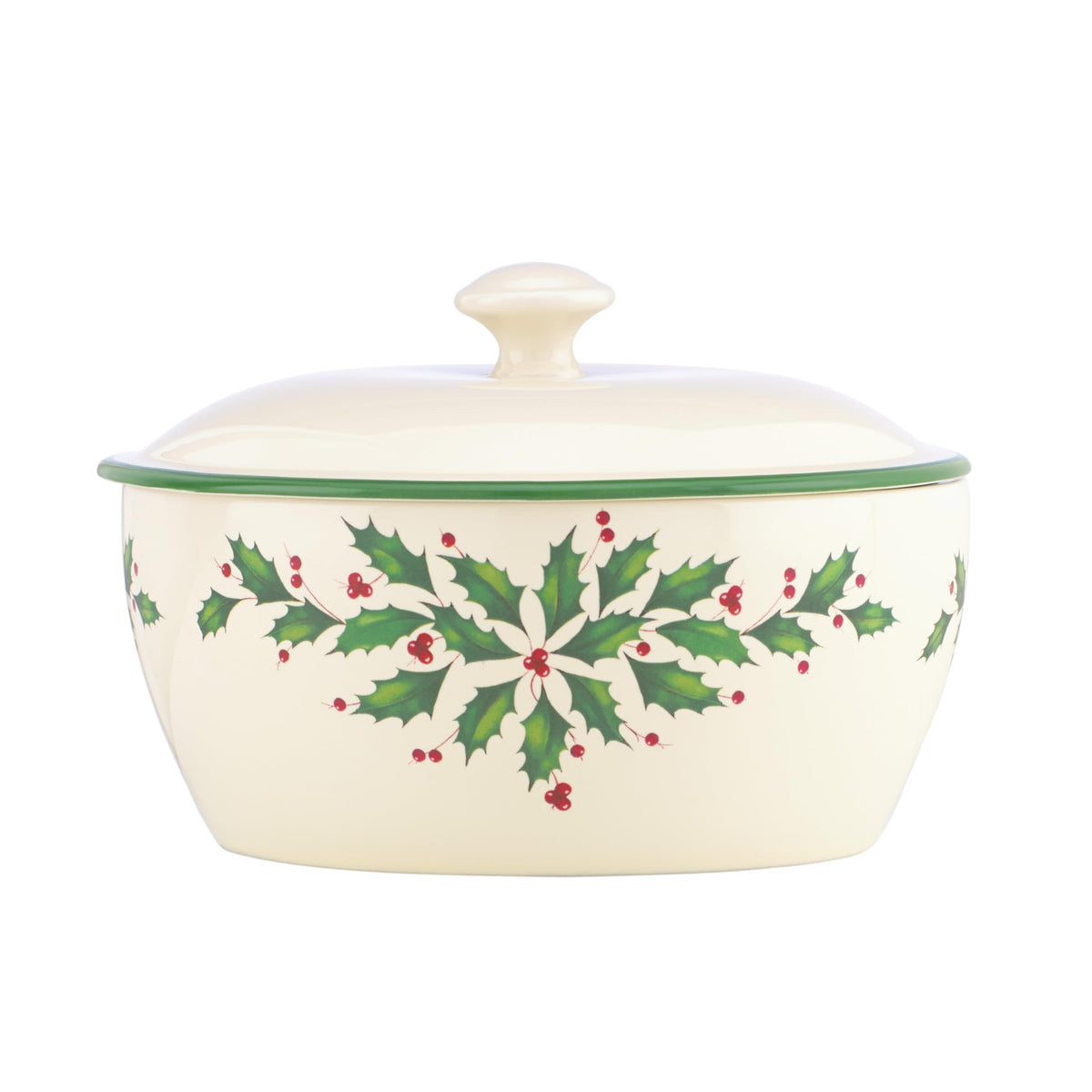 Lenox cazuela navideña con tapa y motivo acebo para servir grandes cenas.