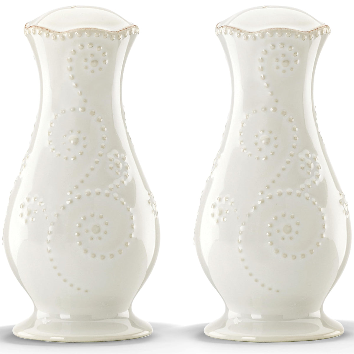Conjunto Lenox French Perle, salero y pimentero altos para mesas elegantes.