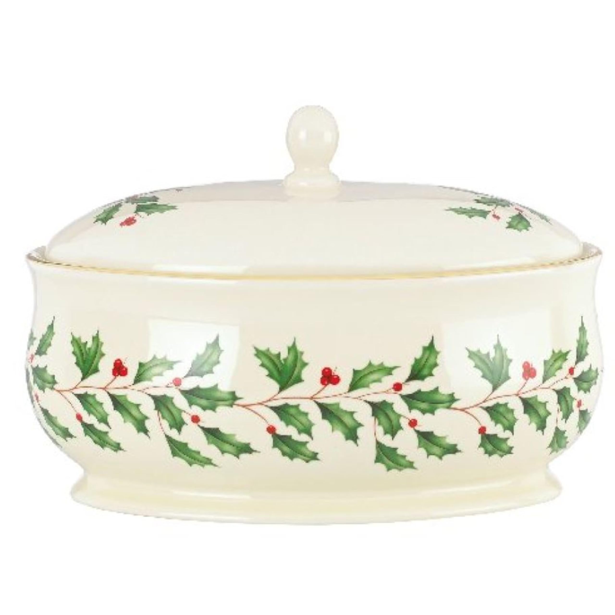 Lenox fuente cubierta navideña en cerámica marfil, ideal para una mesa elegante.