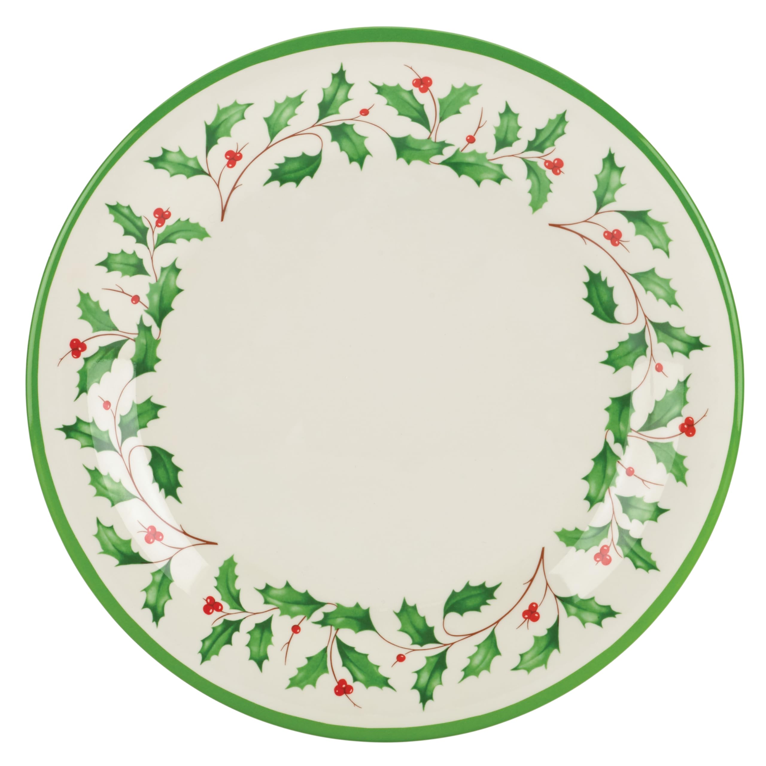 Plato Lenox Holiday con motivo de acebo, primer plano, ideal para celebrar.