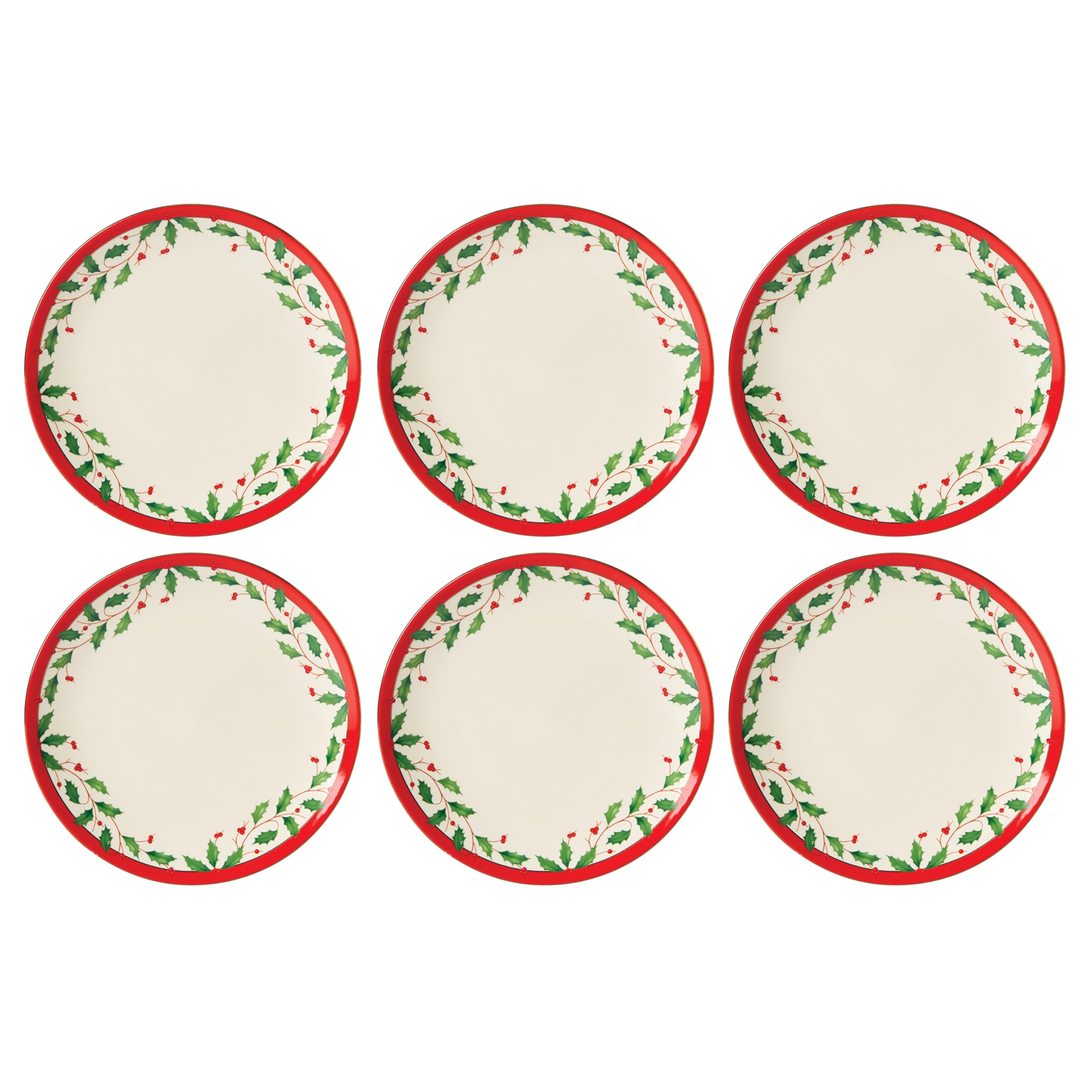 Plato acento Lenox Holiday con motivo acebo y borde rojo, ideal para cenas festivas.