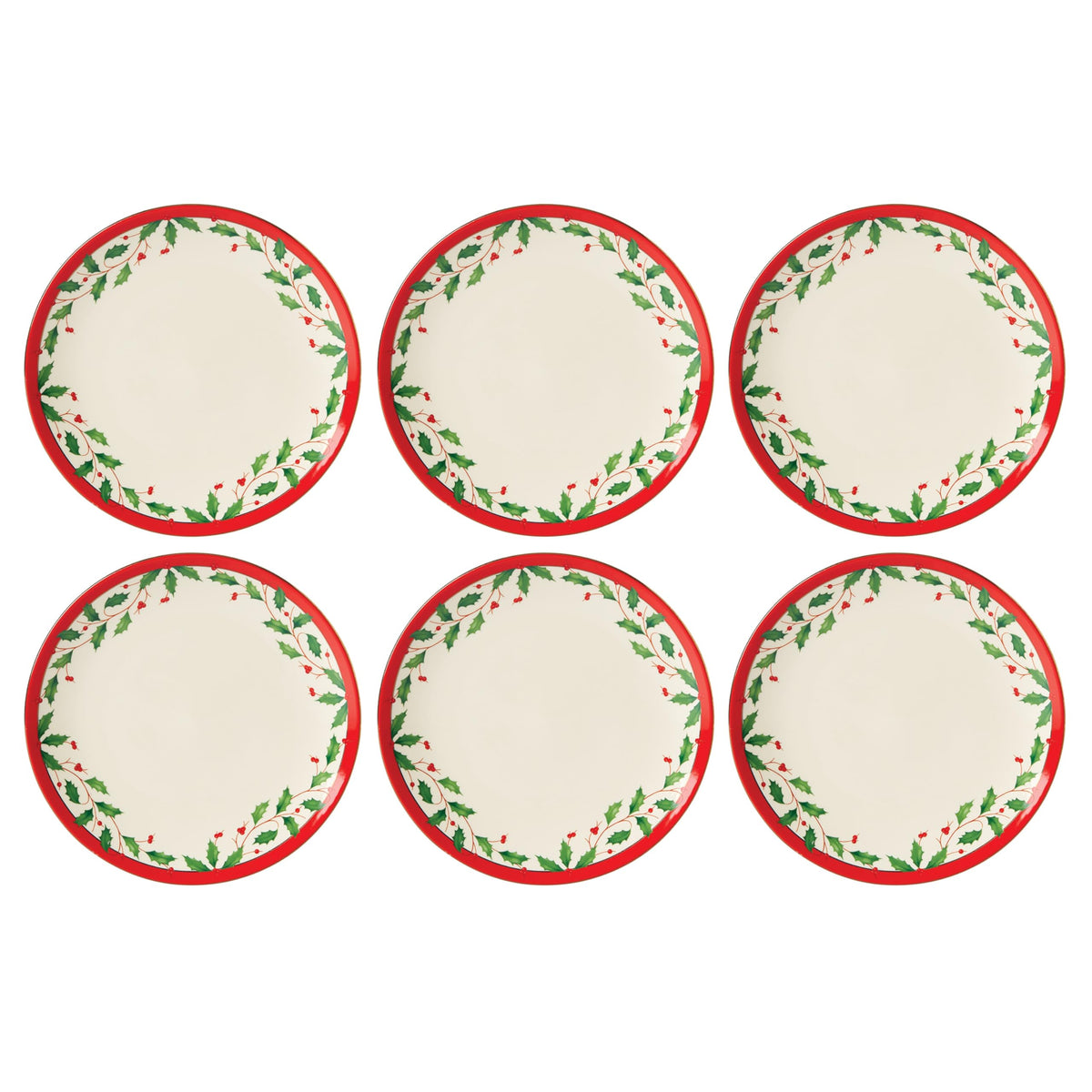 Plato acento Lenox Holiday con motivo acebo y borde rojo, ideal para cenas festivas.