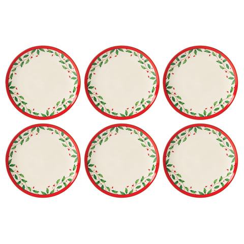 Plato acento Lenox Holiday con motivo acebo y borde rojo, ideal para cenas festivas.