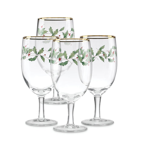 Detalle de acebo y borde dorado en Lenox Holiday, elegante para la mesa.