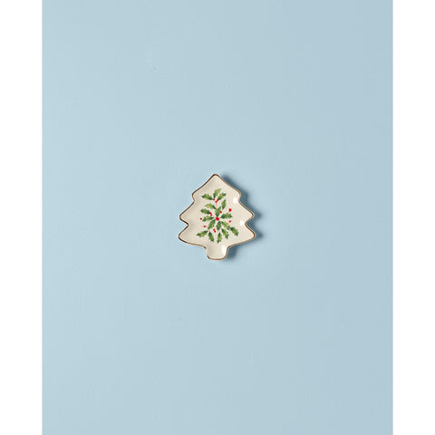 Lenox plato decorativo árbol navideño, acabado dorado, mantel festivo.