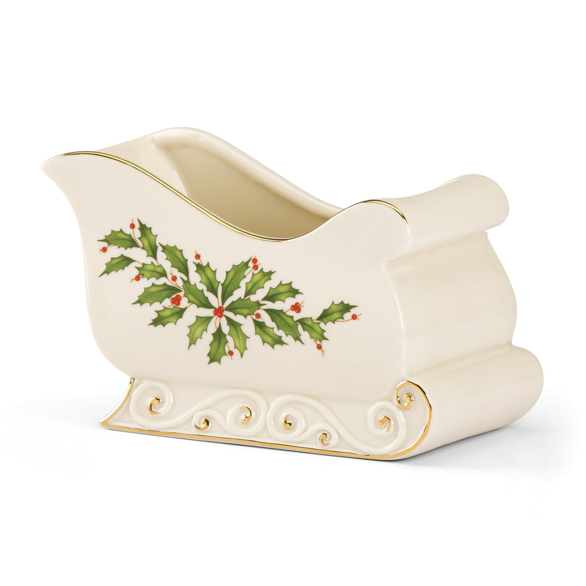 Lenox trineo navideño para dulces con borde dorado, perfecto para degustar después de la cena.