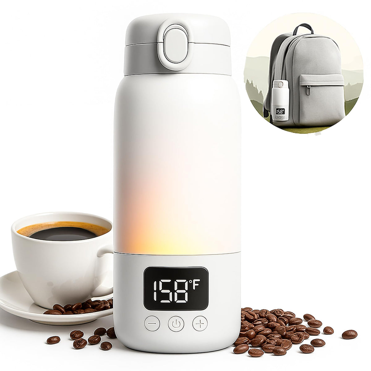 Taza LEQOS 17oz caliente en mano, ideal para café de viaje.