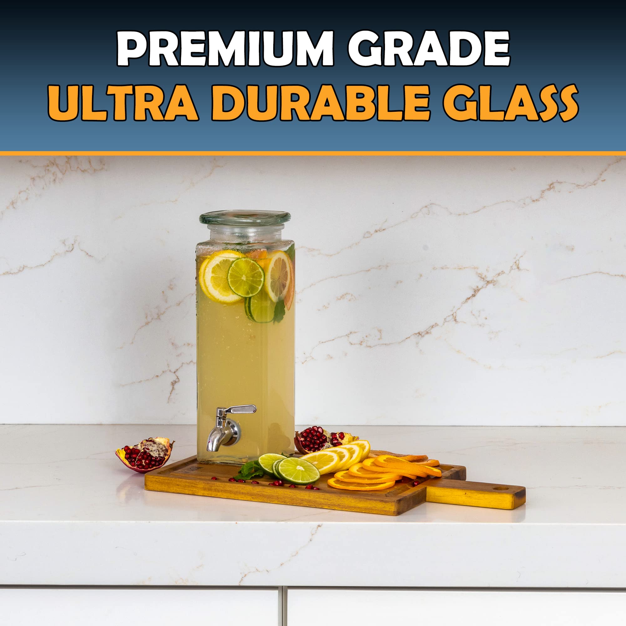 Le'raze decorative square dispenser elevates party aesthetics with clear glass and modern silhouette.