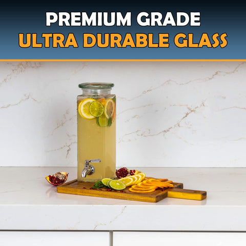 Le'raze decorative square dispenser elevates party aesthetics with clear glass and modern silhouette.