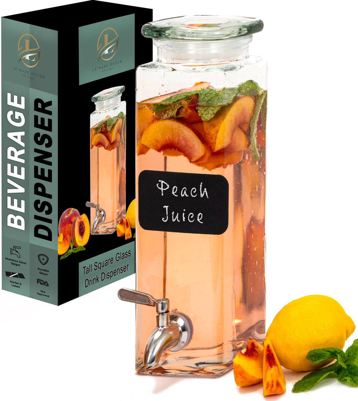 Le'raze square glass drink dispenser with 80oz capacity and leakproof spigot for easy pouring.