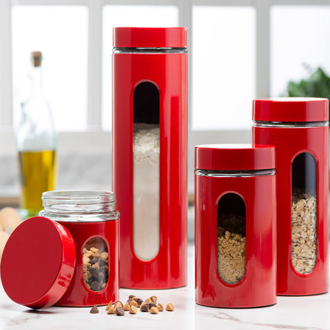 Le'raze tarros de acero inoxidable rojos con ventana de vidrio para ver el contenido.