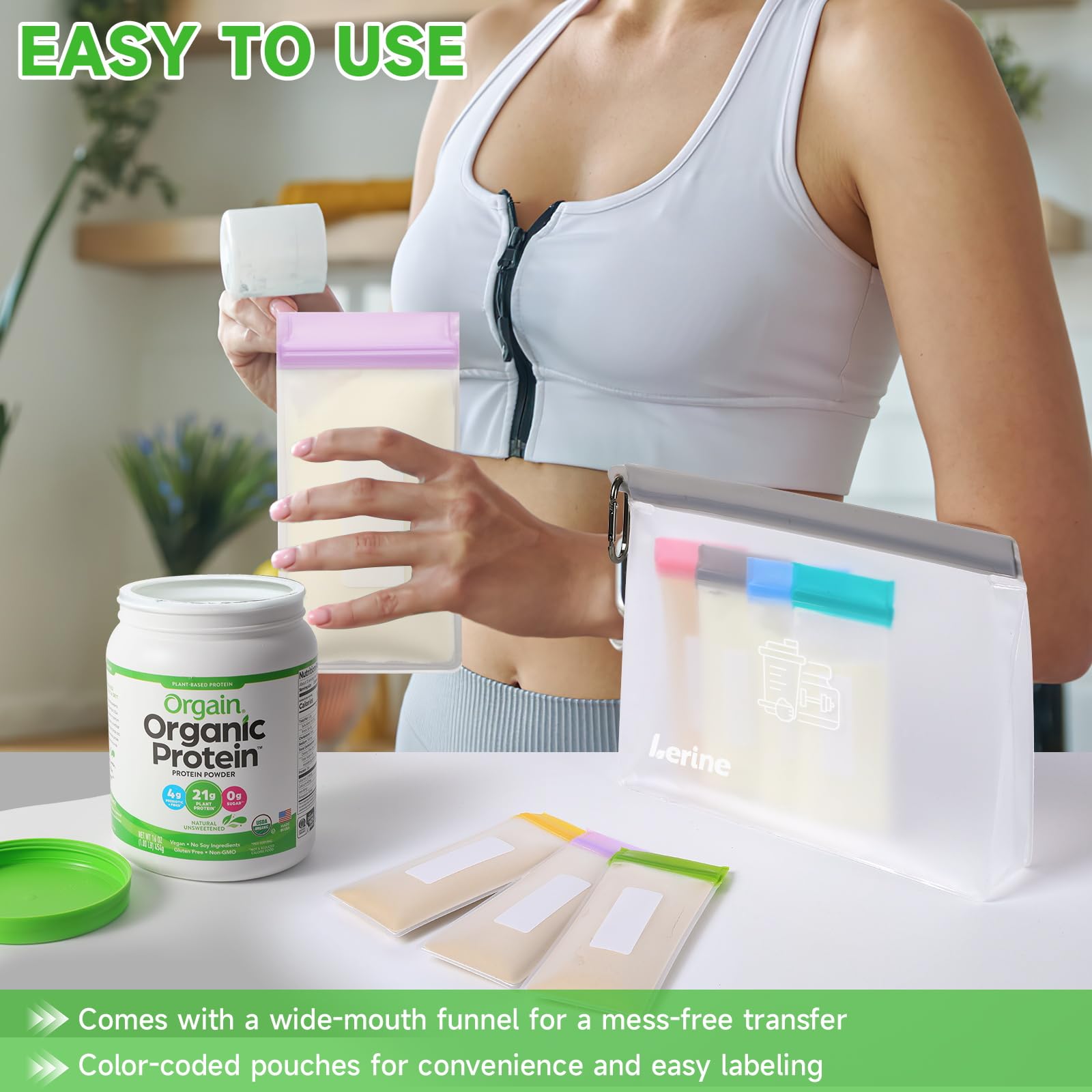 Lerine bolsas de dosis única para proteína, ideal para 21 porciones.