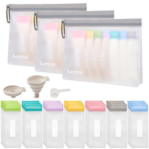 Lerine contenedores de proteína para viaje, con bolsas de dosis única para seguridad.
