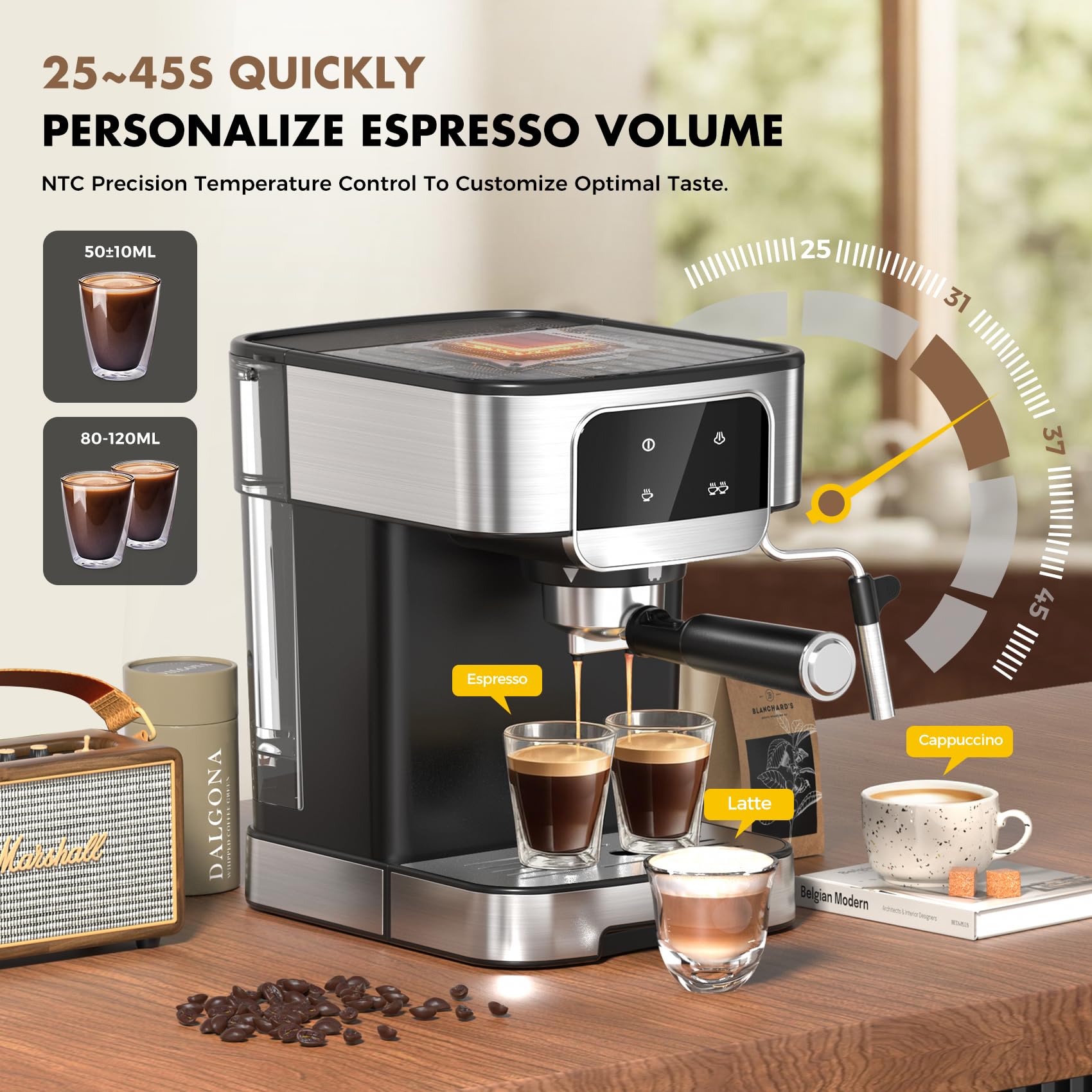 LERTIN bomba expreso 20 bar ofrece extracción rica y crema.