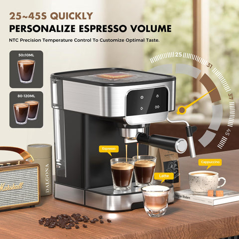 LERTIN bomba expreso 20 bar ofrece extracción rica y crema.