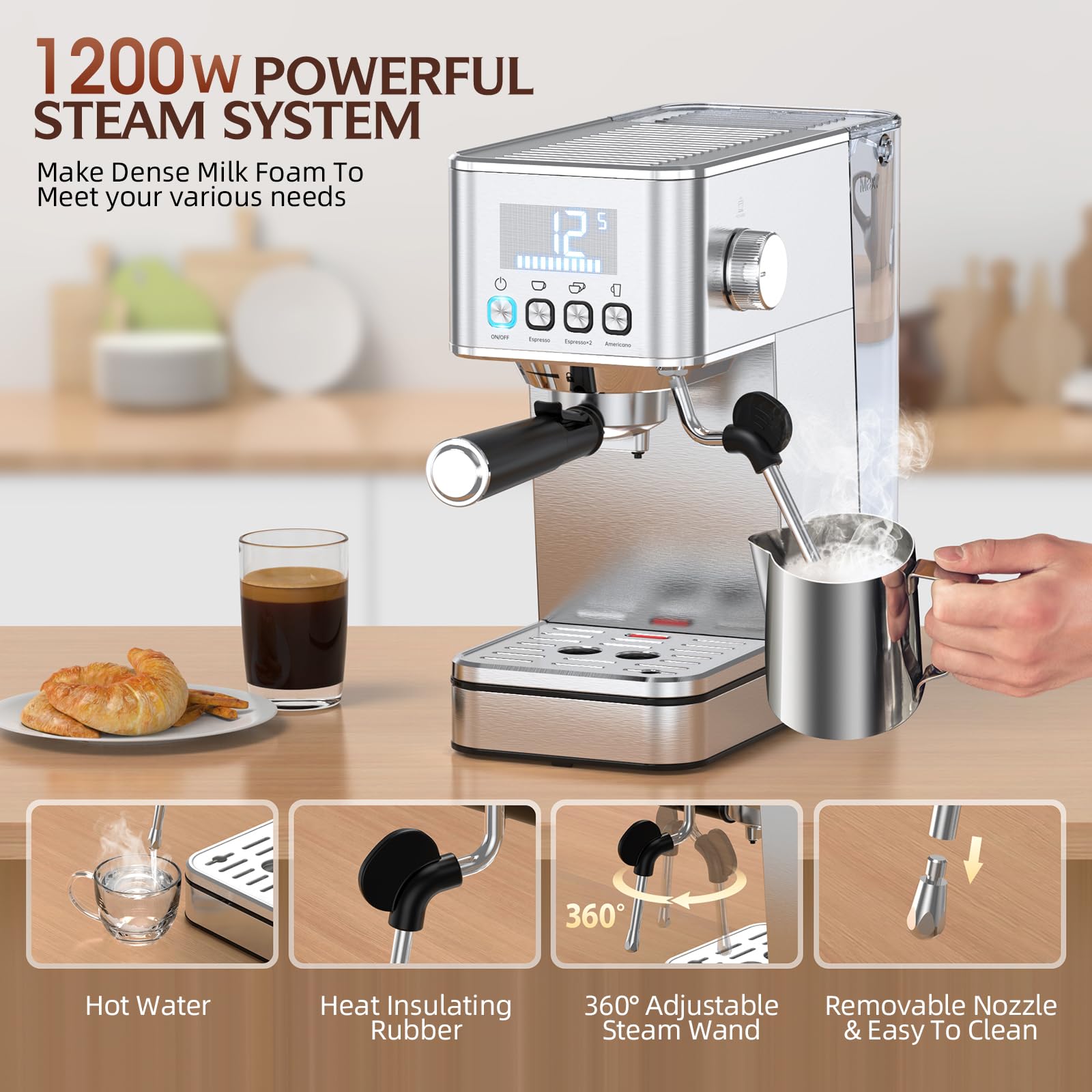 Depósito de agua de 57,5 oz para largas sesiones de café en casa.