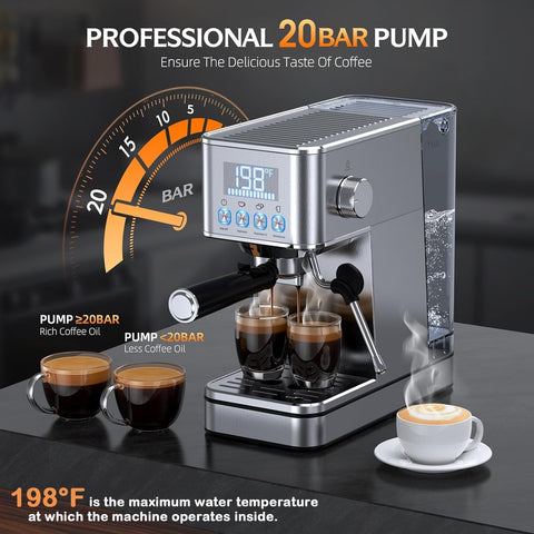 LERTIN Máquina Espresso con pantalla HD, control de temperatura y tiempo en tiempo real.