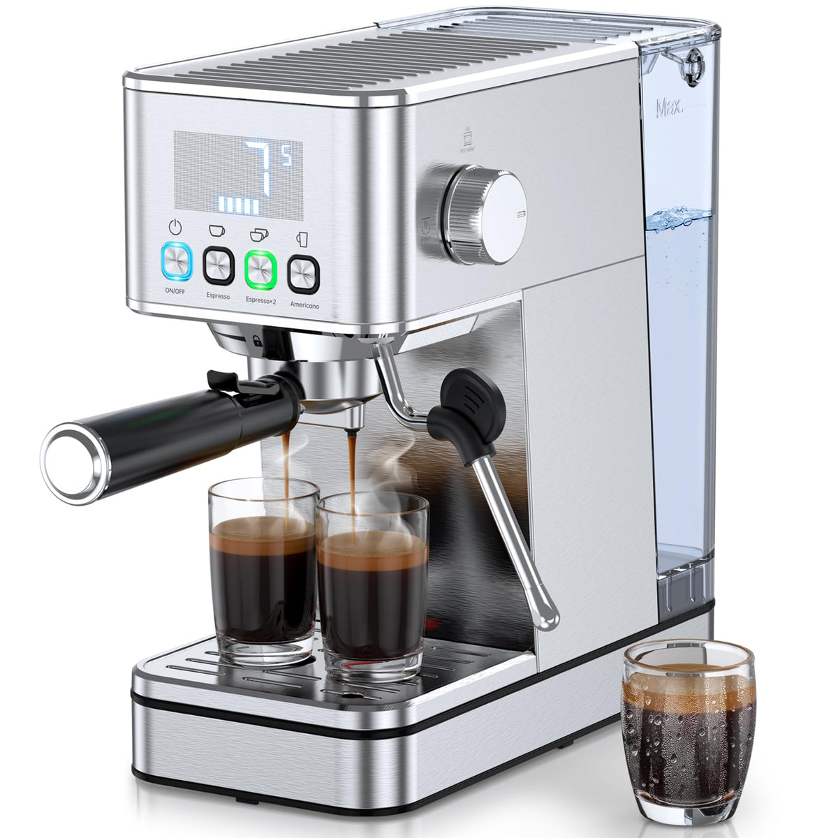 LERTIN Máquina Espresso 20 bar, frontal de acero inoxidable, ideal para uso doméstico y rápido.