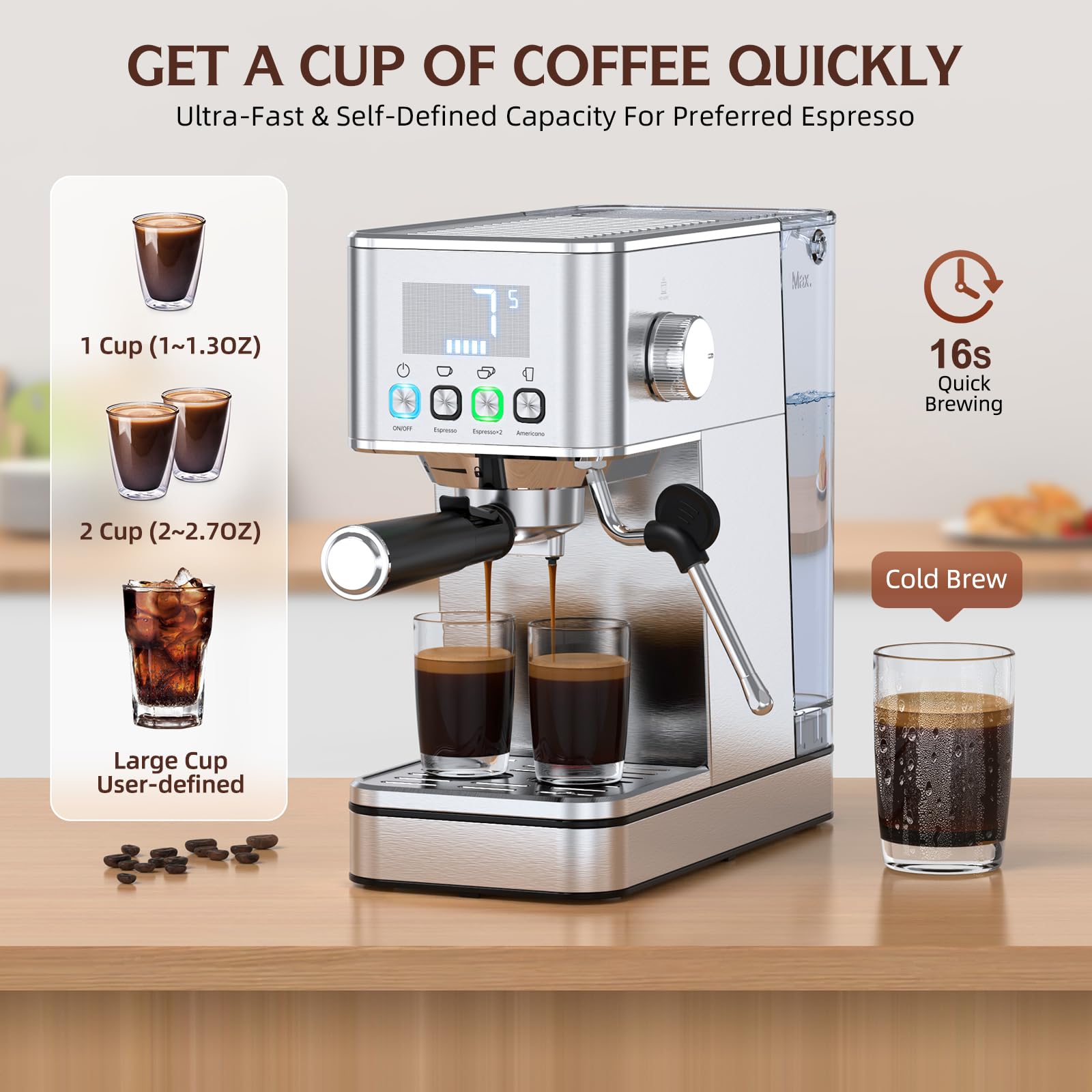 LERTIN Máquina Espresso 20 bar con pantalla de alta definición para control sencillo.
