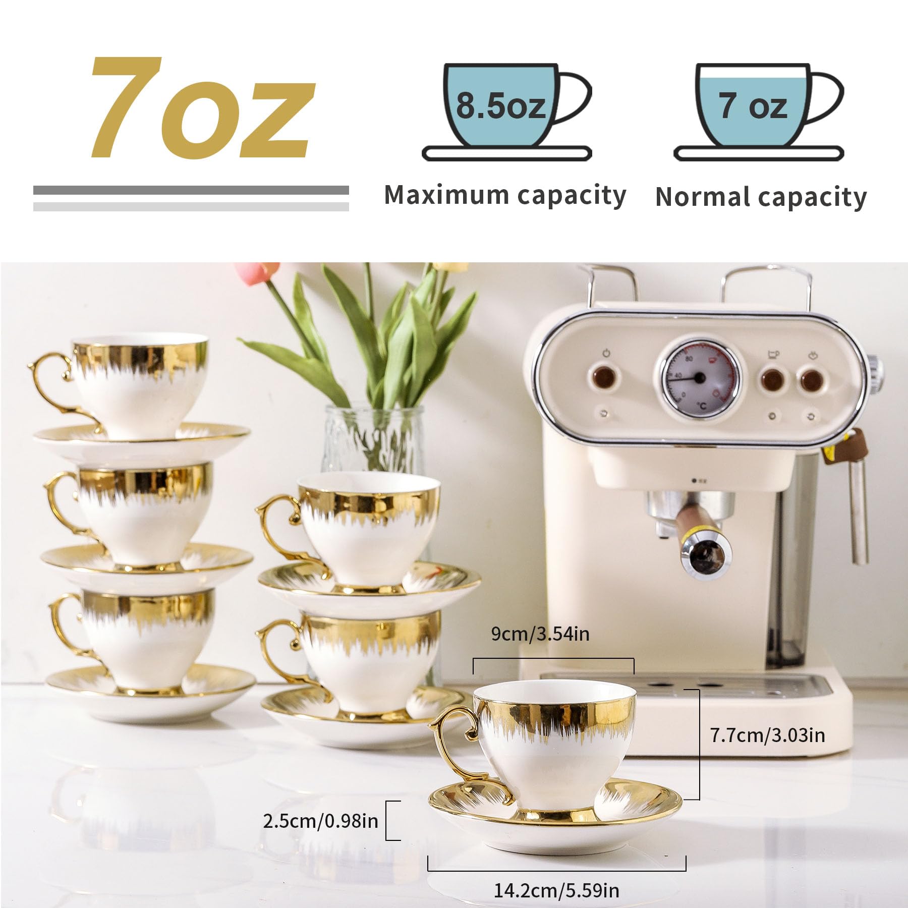 LETAOTAO taza de café cerámica con borde dorado, ideal para capuchino y expreso