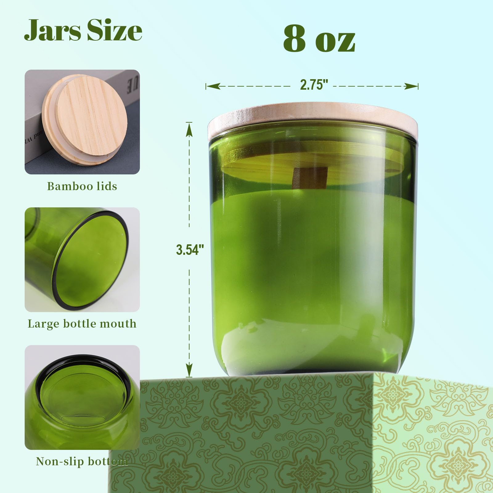 Letine tarro vela verde 8oz con tapa, sello hermético para velas o especias.