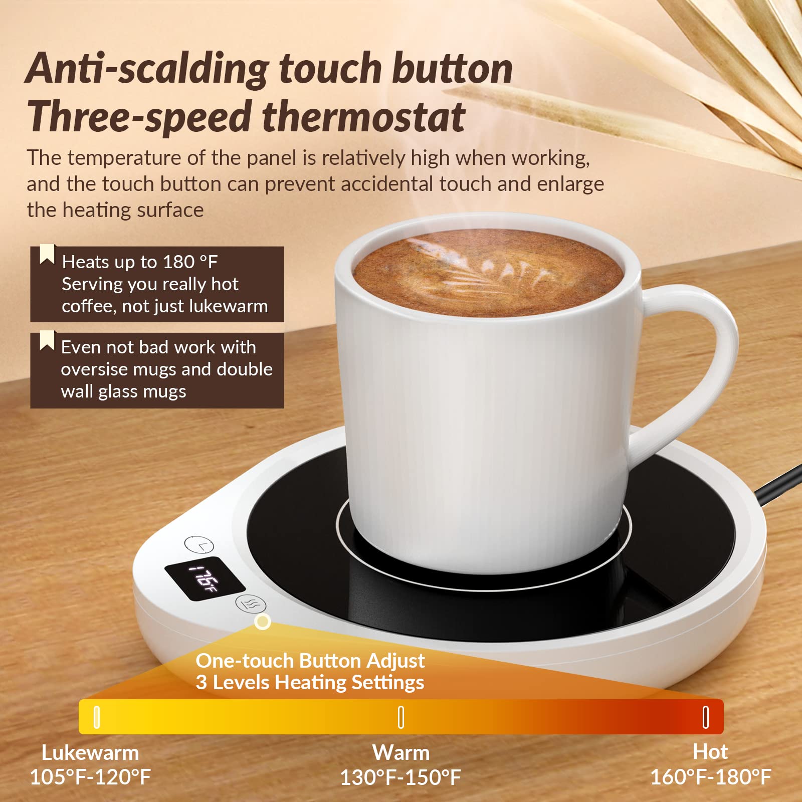 let'me ajustes-de-temperatura a 130, 150 o 176 °F para bebidas.