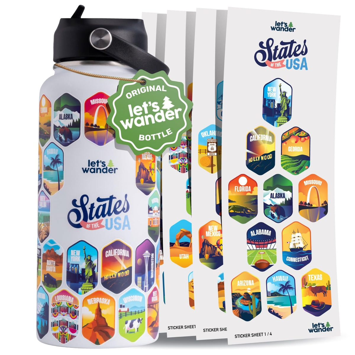 Botella LET'S WANDER con 50 estados para acompañarte en cada viaje.