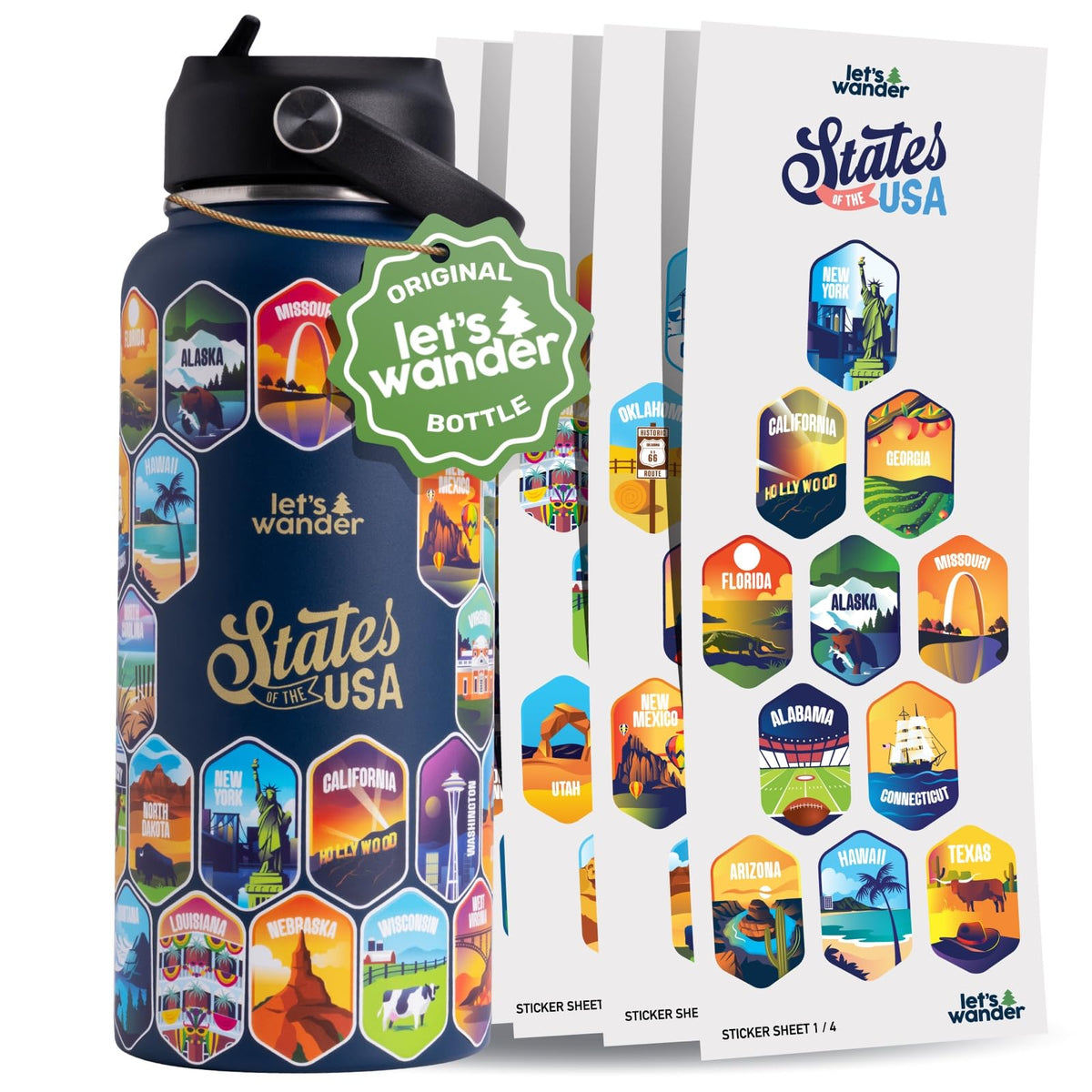 LET'S WANDER botella con 50 calcomanías de estados para personalizar viajes