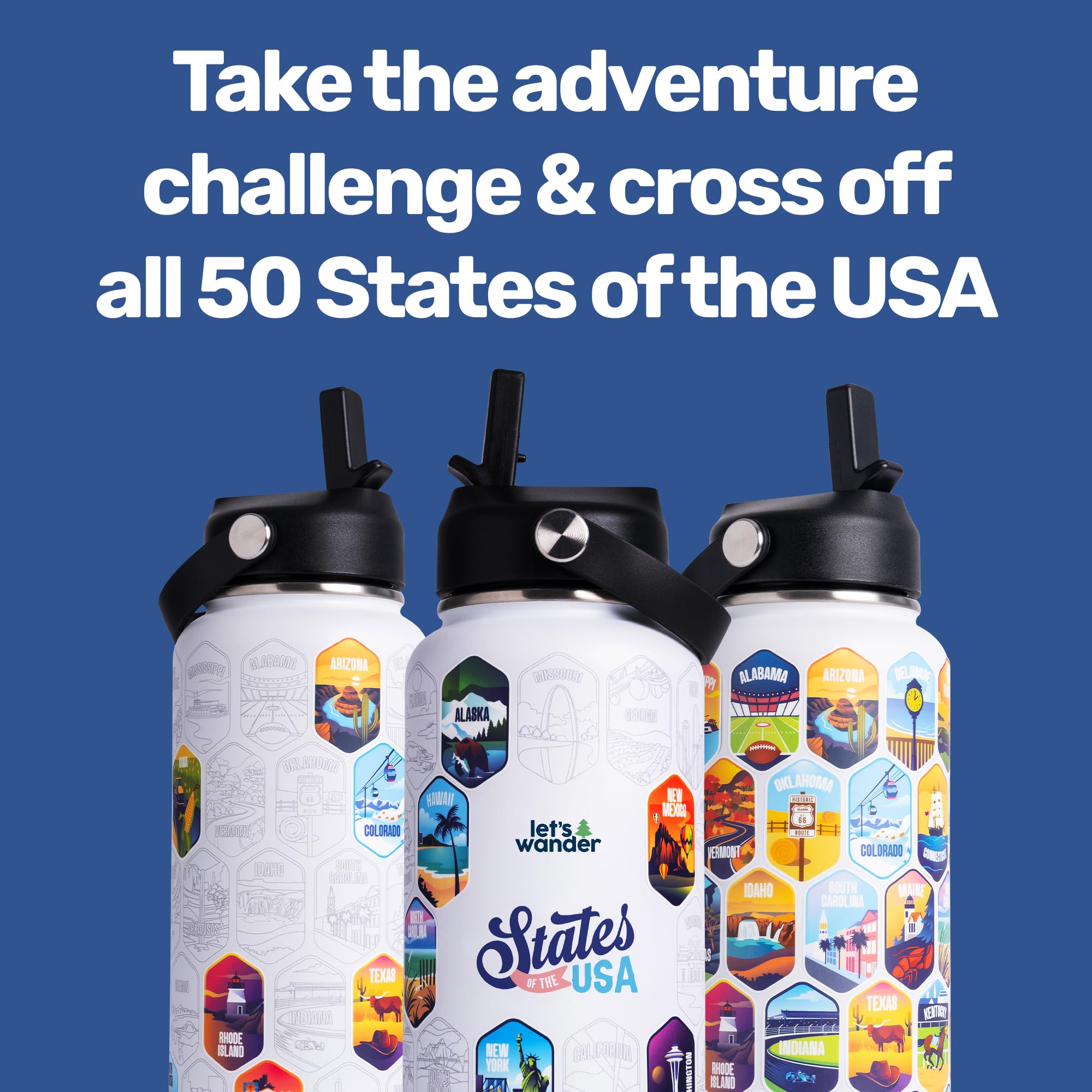 Botella LET'S WANDER grabada con 50 estados para lucir diseño permanente.