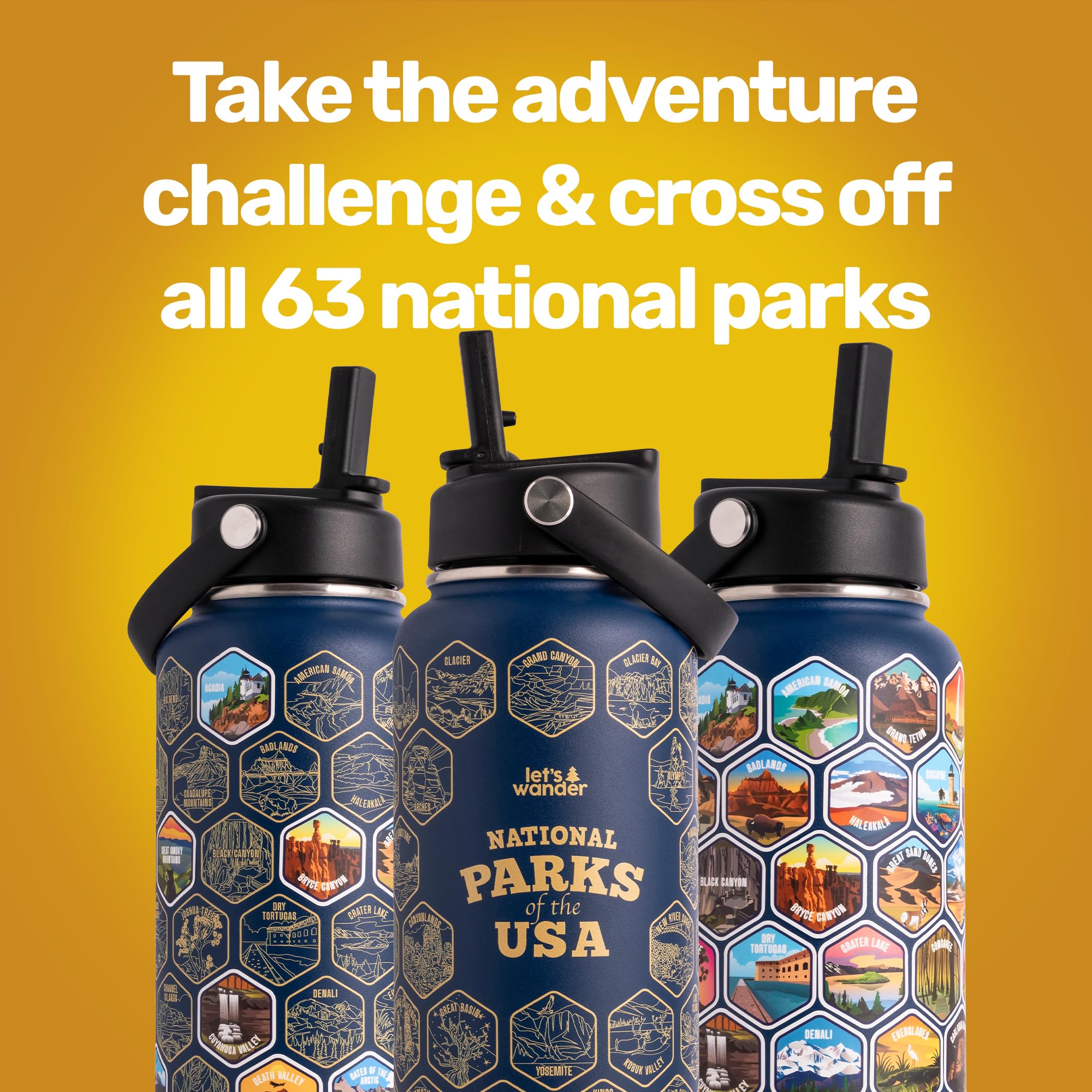 Diseños de Parques Nacionales LET'S WANDER para aventuras al aire libre.