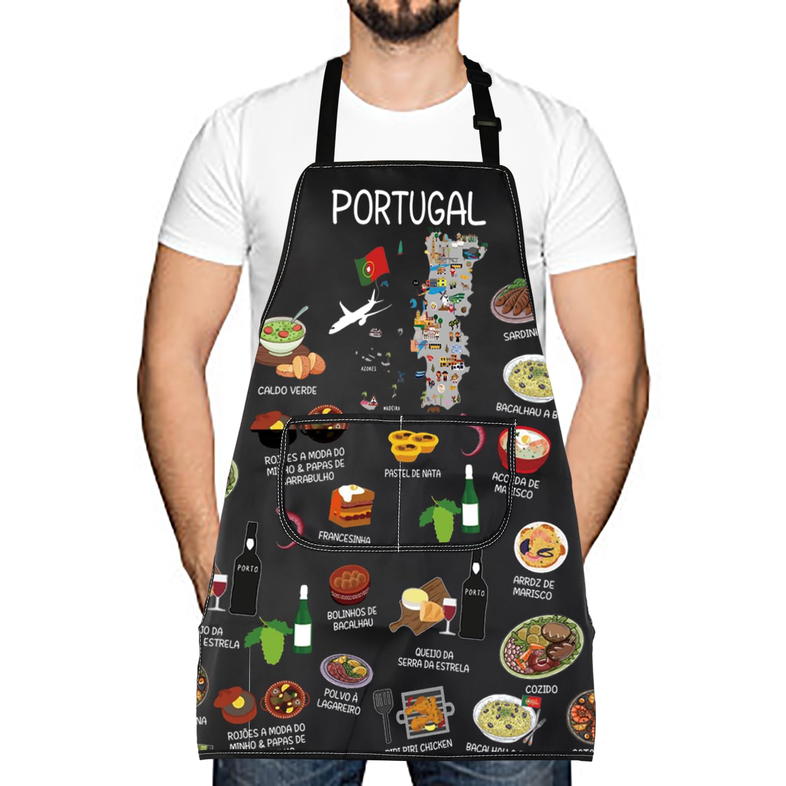 Levlo delantal con mapa de Portugal impreso para cocinas con temática de viaje