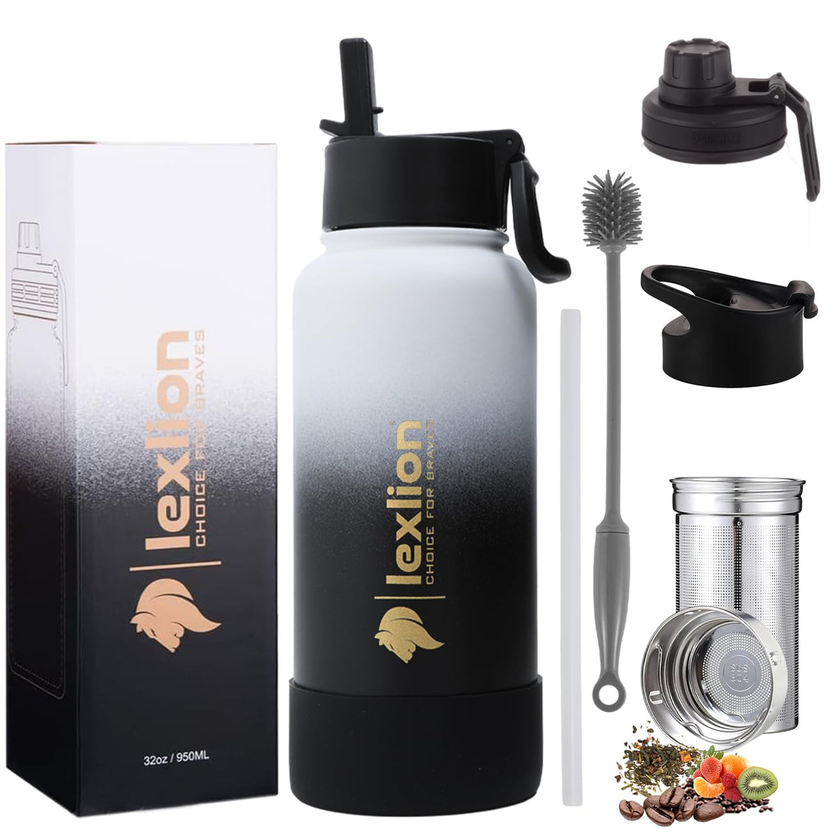 Lexlion botella infusor 32 onzas, vista frontal, ideal para té al aire libre