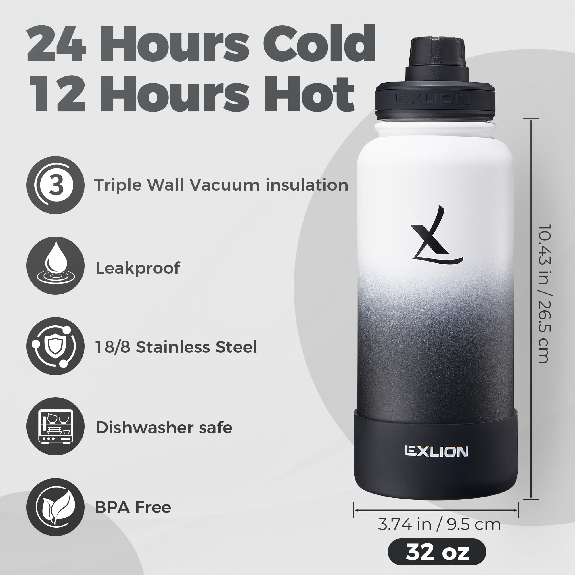 Lexlion botella infusor 32 onzas, muestra la tapa boquilla y cierre a prueba de fugas
