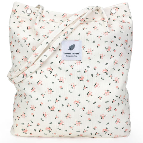 LHMTQVK bolso tote de pana rosa con flor en el frente, estilo versátil para el día a día