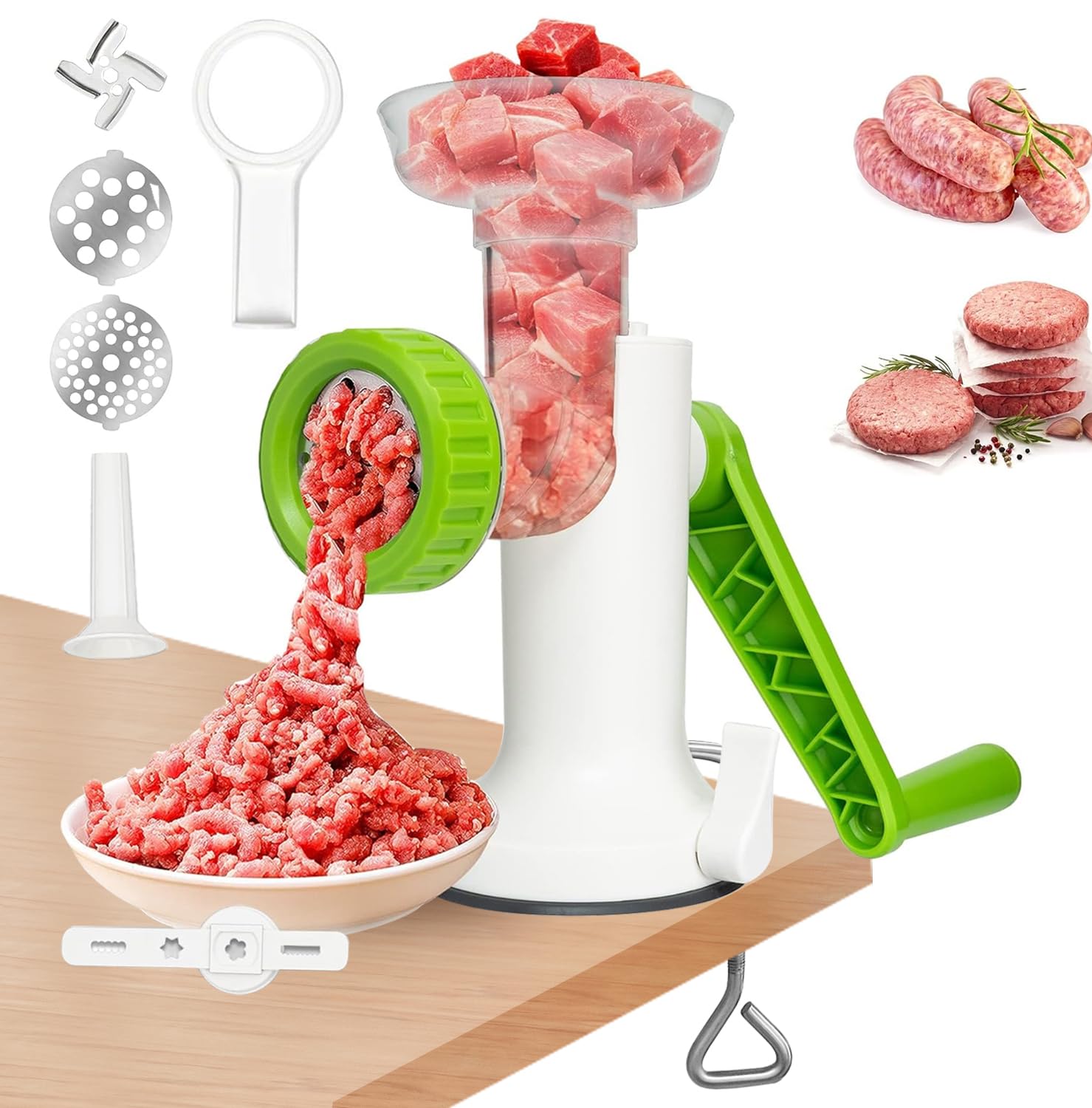 LHS molinillo manual de carne con base estable y abrazadera para uso seguro.