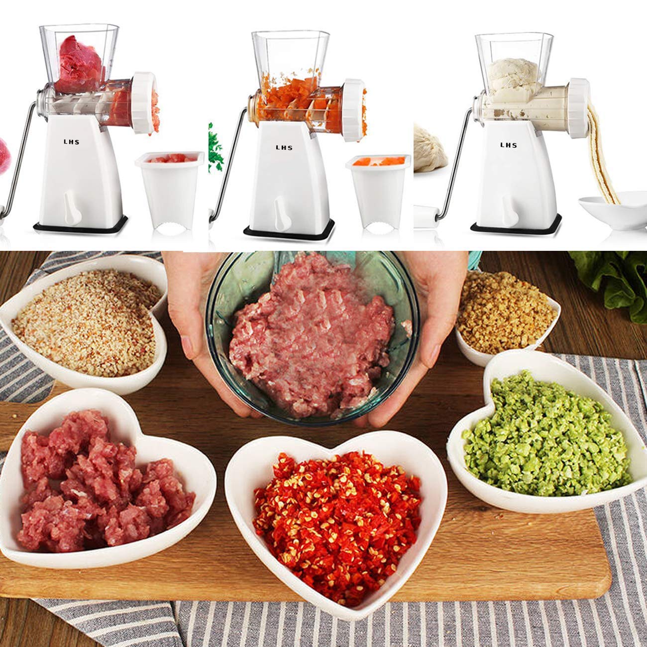 LHS molinillo manual de carne con tolva ampliada para más carne cada vez