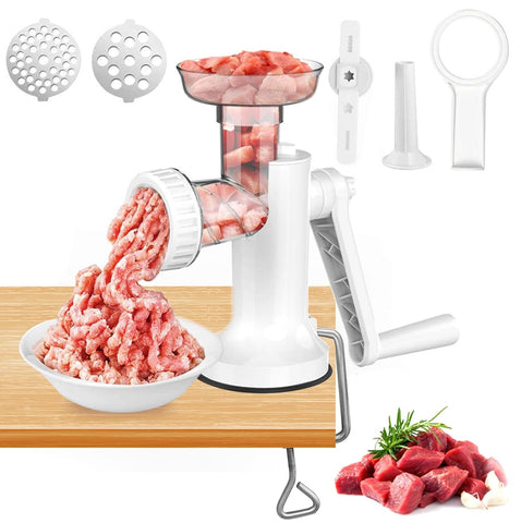 LHS picadora de carne manual 3 en 1, diseño blanco, ideal para carne fresca en casa.