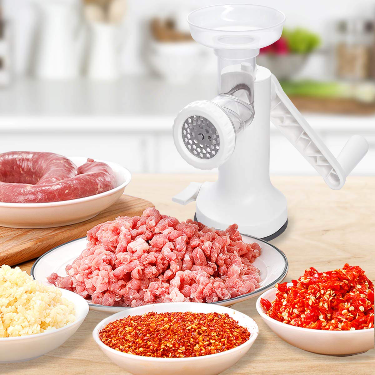 LHS picadora de carne manual con placas gruesa y fina para recetas versátiles.
